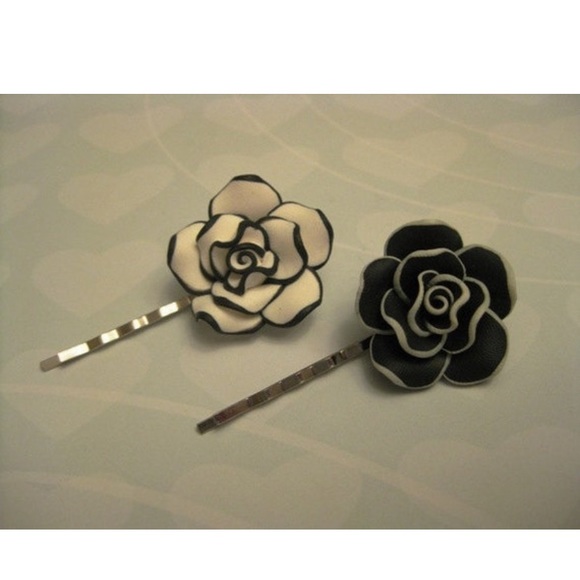 Black Rose With White Trim Bobby Pin - Picture 2 of 4